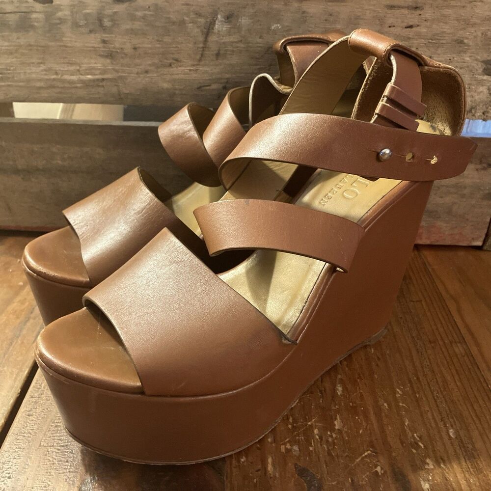 Polo Ralph Lauren Wedge Platform Strap Shoes Tan Size 38